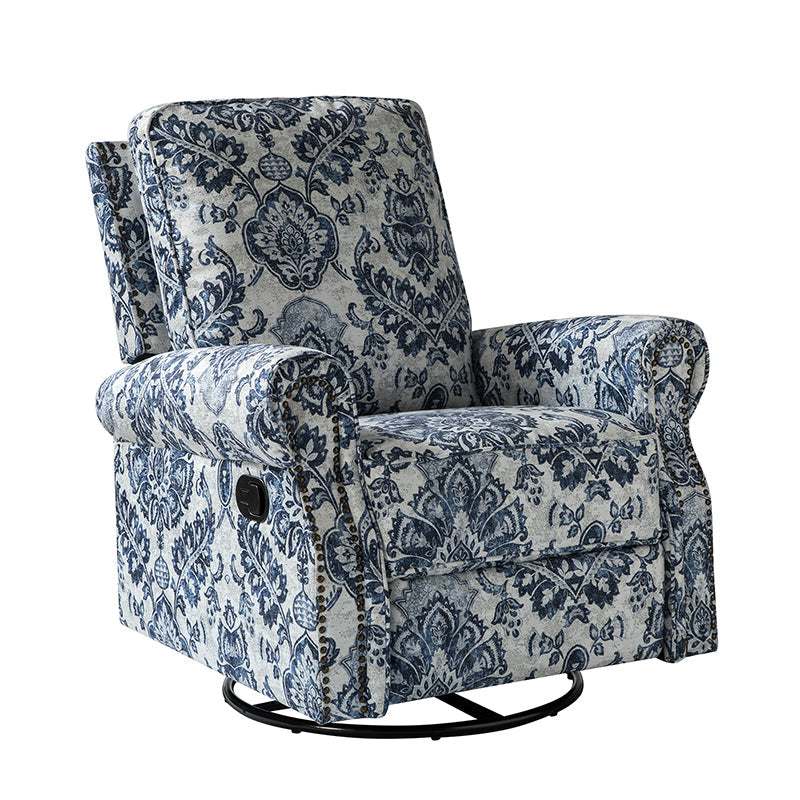 Fauteuil inclinable manuel en polyester avec pivotement à 360°, fonction bascule et repose-pieds escamotable | Beige / Jacobean / Bleu sarcelle / Bleu / Damas / Bleu marine / Médaillon | Siège unique