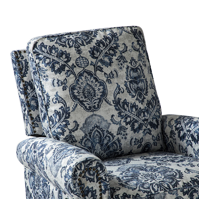 Fauteuil inclinable manuel en polyester avec pivotement à 360°, fonction bascule et repose-pieds escamotable | Beige / Jacobean / Bleu sarcelle / Bleu / Damas / Bleu marine / Médaillon | Siège unique