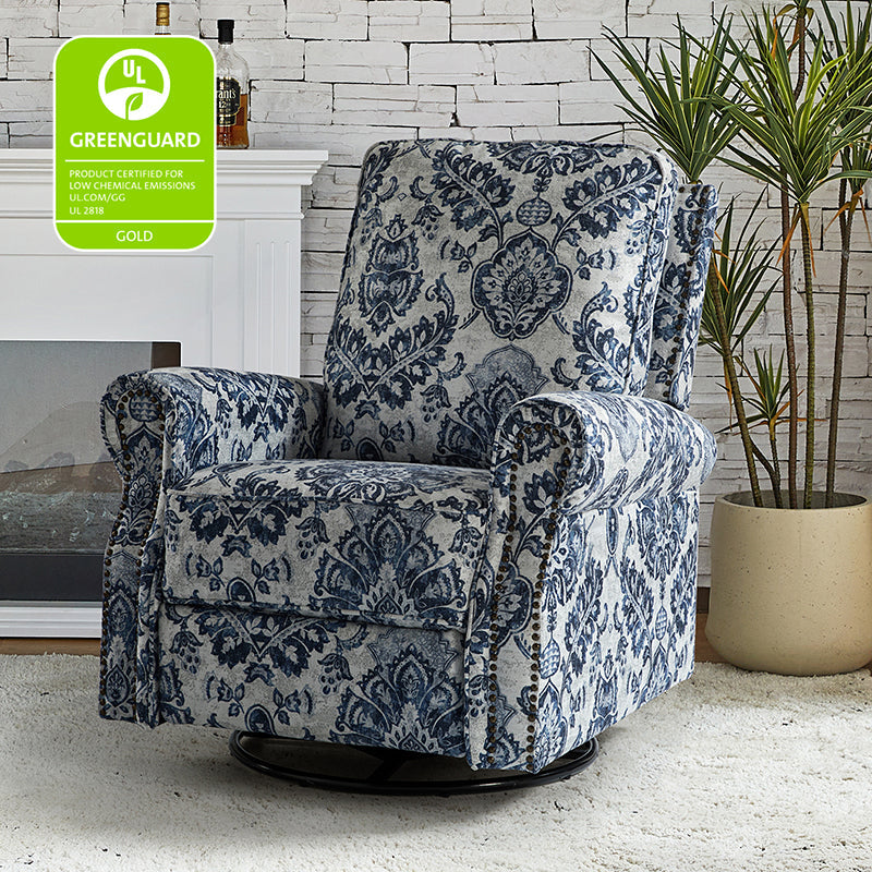 Fauteuil inclinable manuel en polyester avec pivotement à 360°, fonction bascule et repose-pieds escamotable | Beige / Jacobean / Bleu sarcelle / Bleu / Damas / Bleu marine / Médaillon | Siège unique