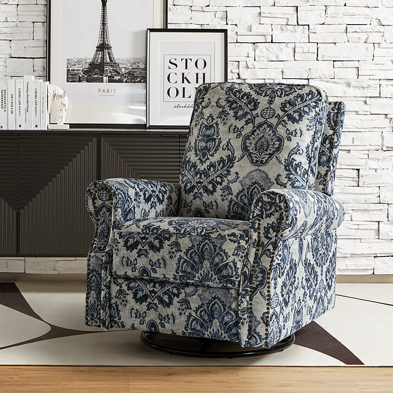 Fauteuil inclinable manuel en polyester avec pivotement à 360°, fonction bascule et repose-pieds escamotable | Beige / Jacobean / Bleu sarcelle / Bleu / Damas / Bleu marine / Médaillon | Siège unique
