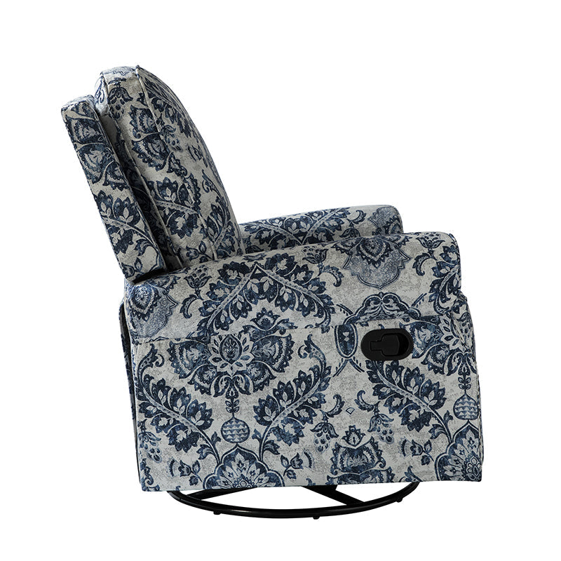 Fauteuil inclinable manuel en polyester avec pivotement à 360°, fonction bascule et repose-pieds escamotable | Beige / Jacobean / Bleu sarcelle / Bleu / Damas / Bleu marine / Médaillon | Siège unique