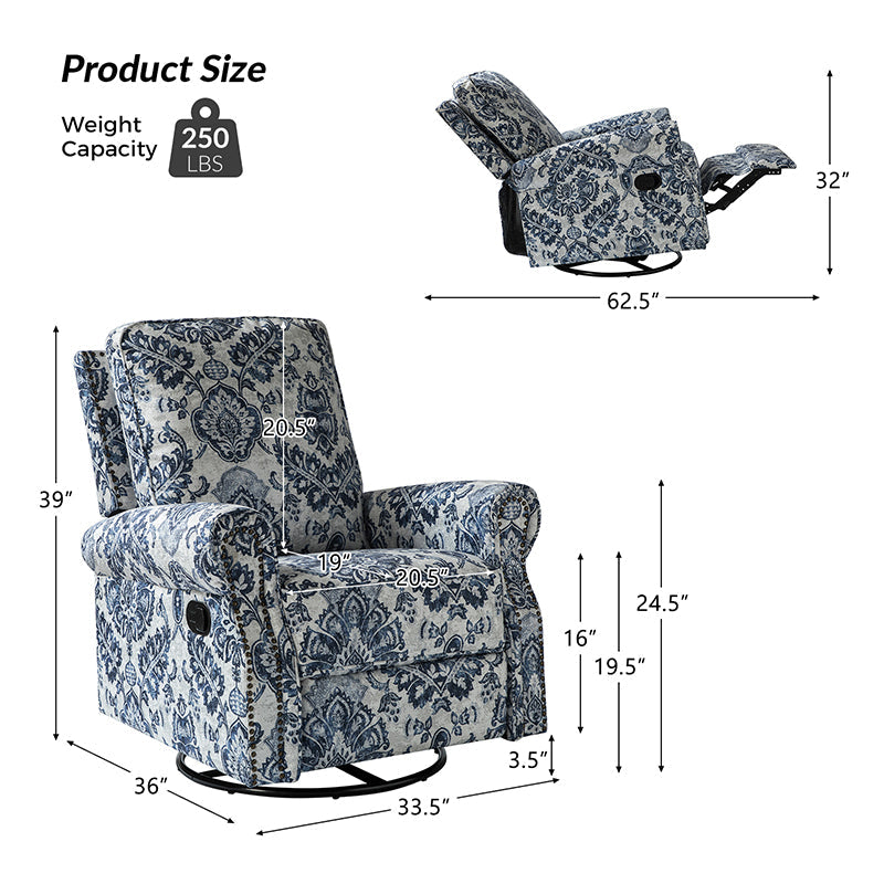 Fauteuil inclinable manuel en polyester avec pivotement à 360°, fonction bascule et repose-pieds escamotable | Beige / Jacobean / Bleu sarcelle / Bleu / Damas / Bleu marine / Médaillon | Siège unique