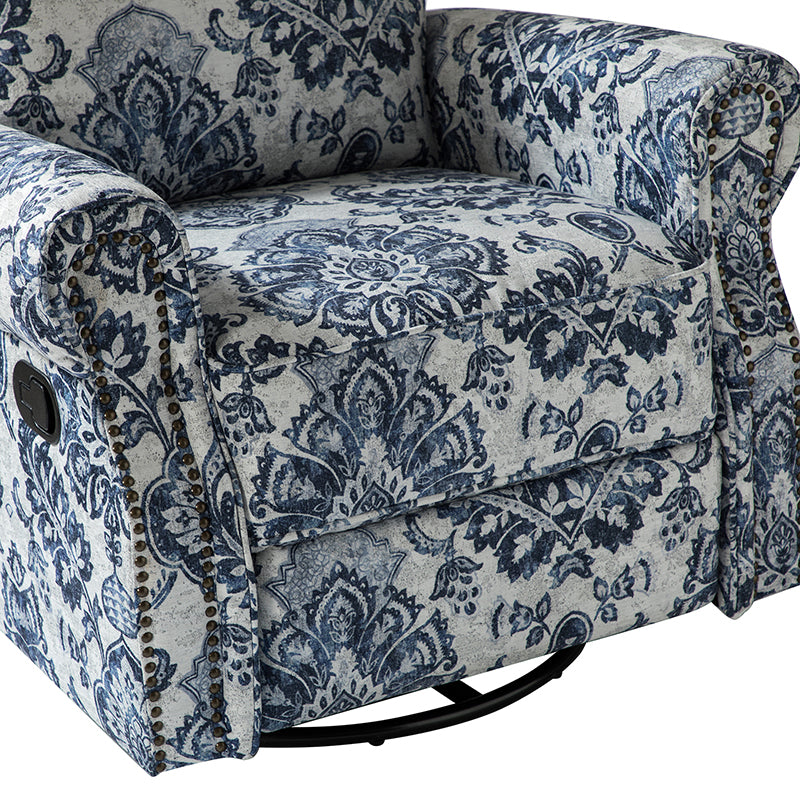 Fauteuil inclinable manuel en polyester avec pivotement à 360°, fonction bascule et repose-pieds escamotable | Beige / Jacobean / Bleu sarcelle / Bleu / Damas / Bleu marine / Médaillon | Siège unique