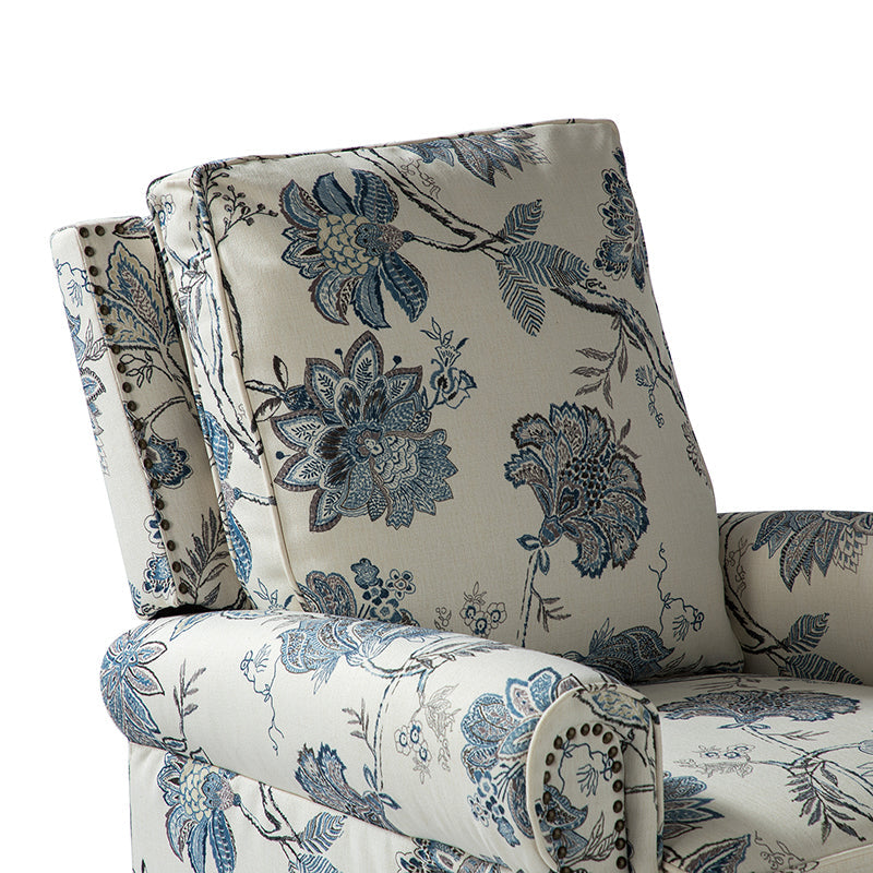 Fauteuil inclinable manuel en polyester avec pivotement à 360°, fonction bascule et repose-pieds escamotable | Beige / Jacobean / Bleu sarcelle / Bleu / Damas / Bleu marine / Médaillon | Siège unique