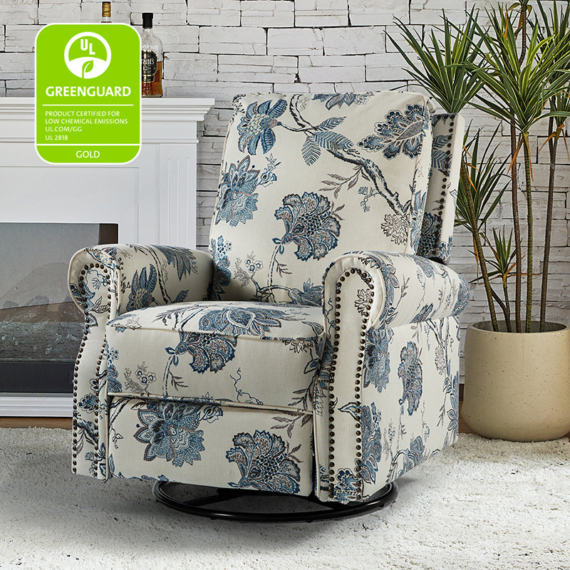 Fauteuil inclinable manuel en polyester avec pivotement à 360°, fonction bascule et repose-pieds escamotable | Beige / Jacobean / Bleu sarcelle / Bleu / Damas / Bleu marine / Médaillon | Siège unique