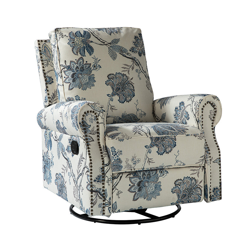 Fauteuil inclinable manuel en polyester avec pivotement à 360°, fonction bascule et repose-pieds escamotable | Beige / Jacobean / Bleu sarcelle / Bleu / Damas / Bleu marine / Médaillon | Siège unique