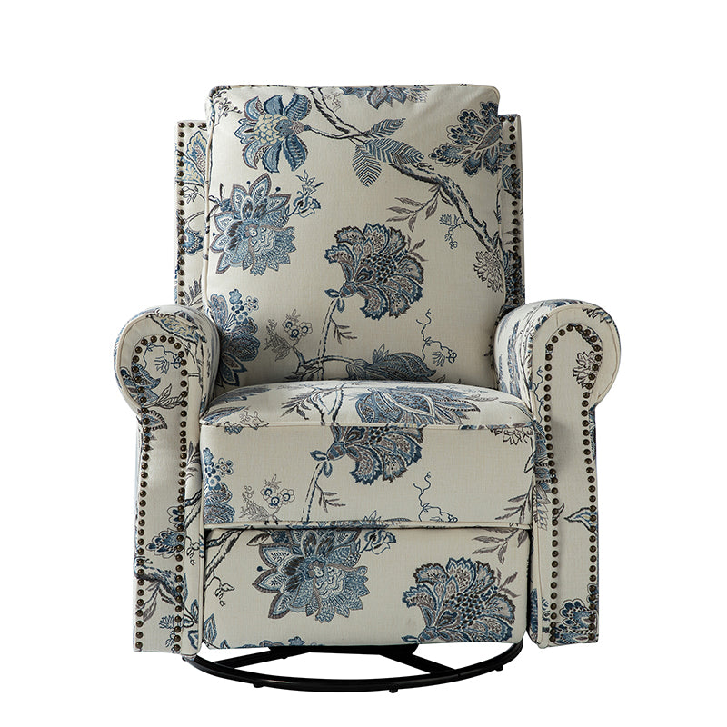 Fauteuil inclinable manuel en polyester avec pivotement à 360°, fonction bascule et repose-pieds escamotable | Beige / Jacobean / Bleu sarcelle / Bleu / Damas / Bleu marine / Médaillon | Siège unique