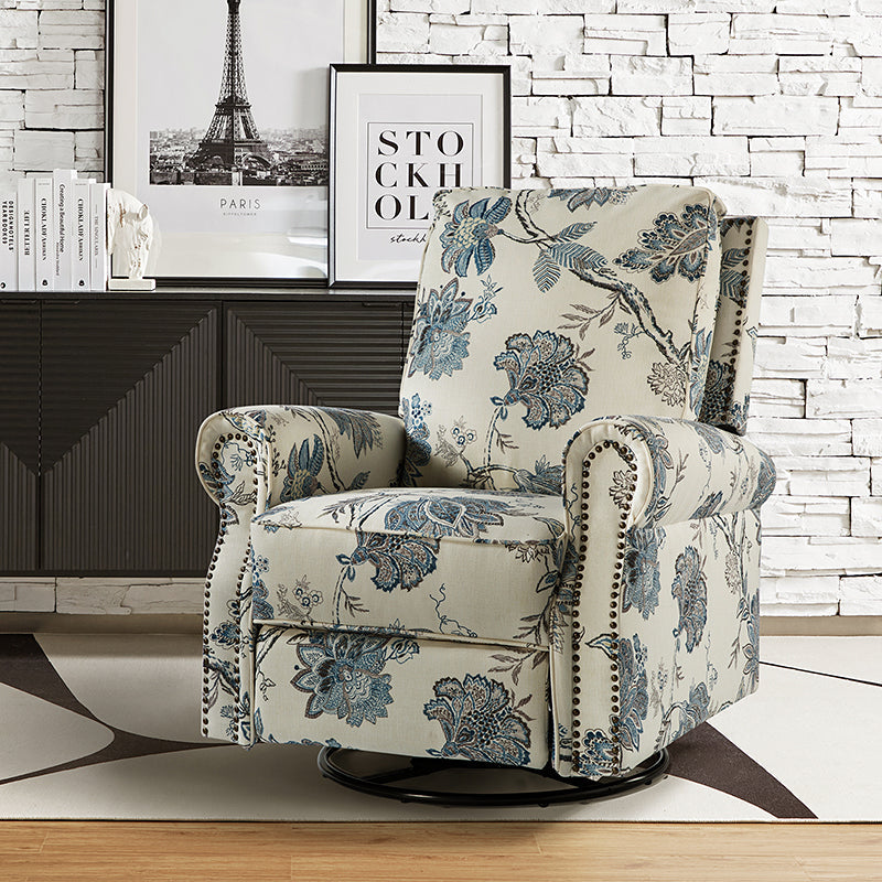 Fauteuil inclinable manuel en polyester avec pivotement à 360°, fonction bascule et repose-pieds escamotable | Beige / Jacobean / Bleu sarcelle / Bleu / Damas / Bleu marine / Médaillon | Siège unique