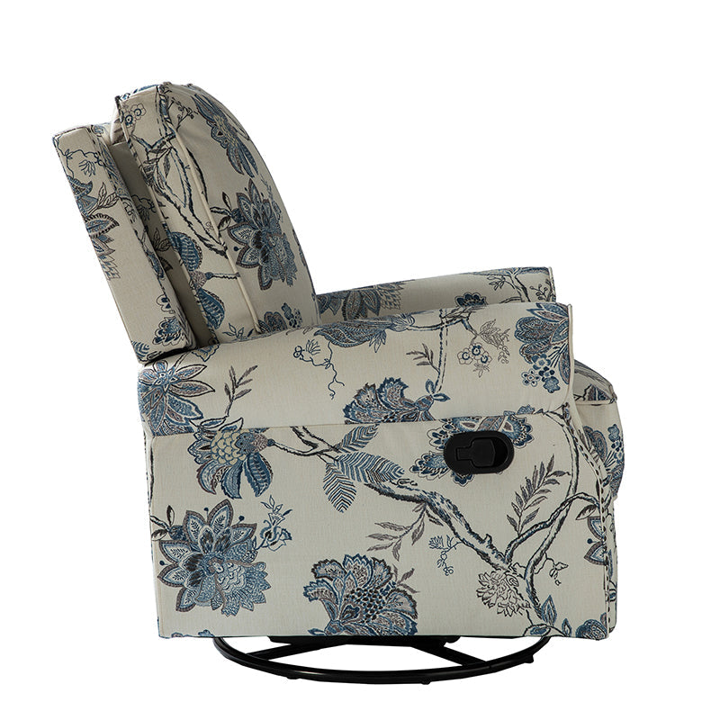 Fauteuil inclinable manuel en polyester avec pivotement à 360°, fonction bascule et repose-pieds escamotable | Beige / Jacobean / Bleu sarcelle / Bleu / Damas / Bleu marine / Médaillon | Siège unique