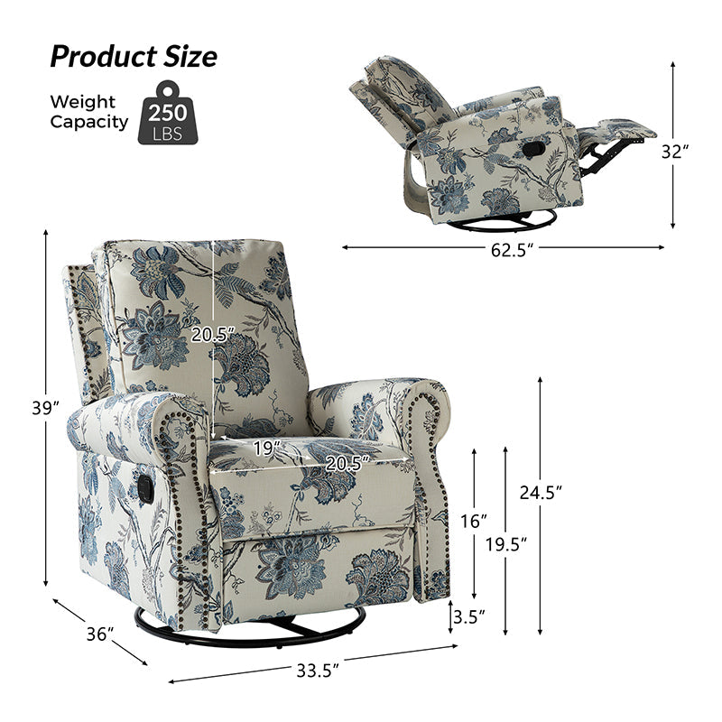 Fauteuil inclinable manuel en polyester avec pivotement à 360°, fonction bascule et repose-pieds escamotable | Beige / Jacobean / Bleu sarcelle / Bleu / Damas / Bleu marine / Médaillon | Siège unique
