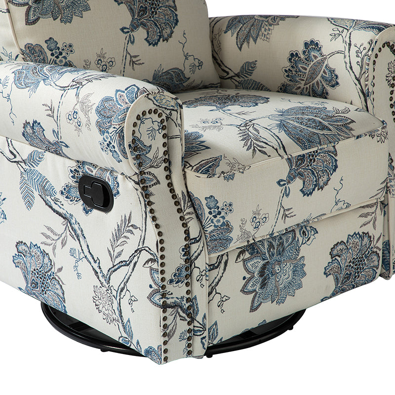 Fauteuil inclinable manuel en polyester avec pivotement à 360°, fonction bascule et repose-pieds escamotable | Beige / Jacobean / Bleu sarcelle / Bleu / Damas / Bleu marine / Médaillon | Siège unique