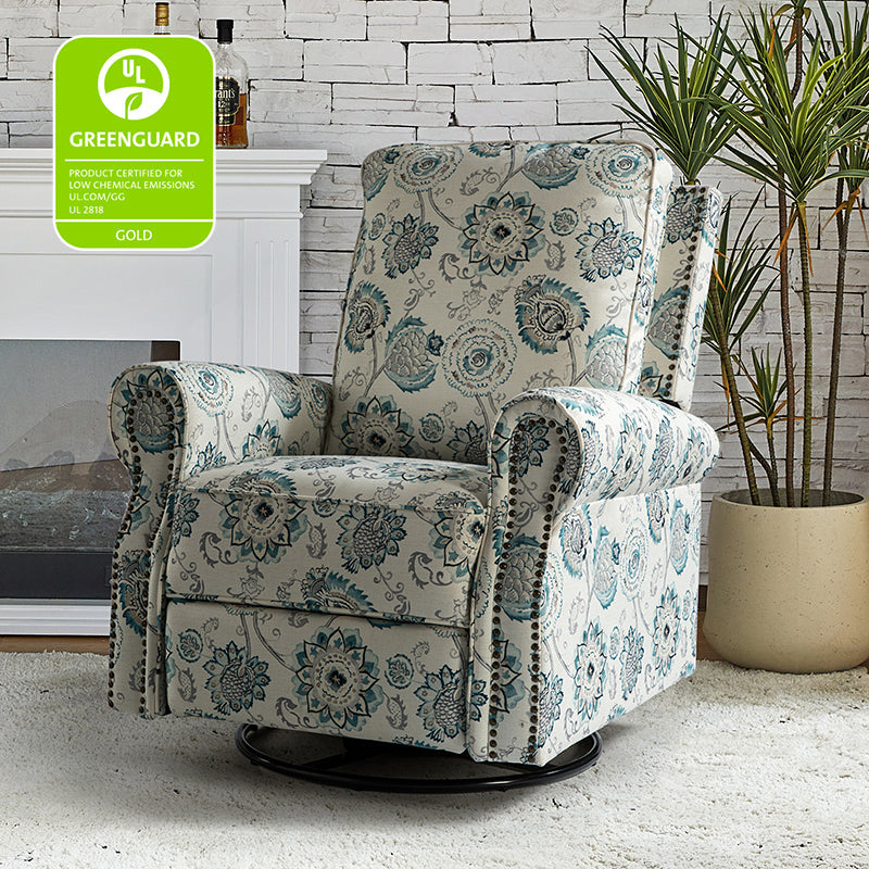 Fauteuil inclinable manuel en polyester avec pivotement à 360°, fonction bascule et repose-pieds escamotable | Beige / Jacobean / Bleu sarcelle / Bleu / Damas / Bleu marine / Médaillon | Siège unique