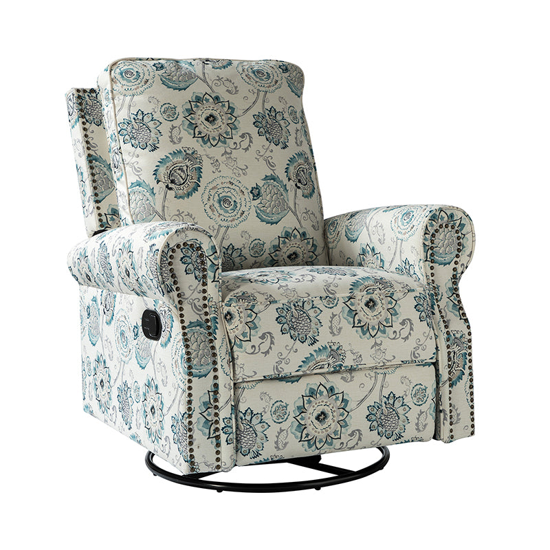 Fauteuil inclinable manuel en polyester avec pivotement à 360°, fonction bascule et repose-pieds escamotable | Beige / Jacobean / Bleu sarcelle / Bleu / Damas / Bleu marine / Médaillon | Siège unique