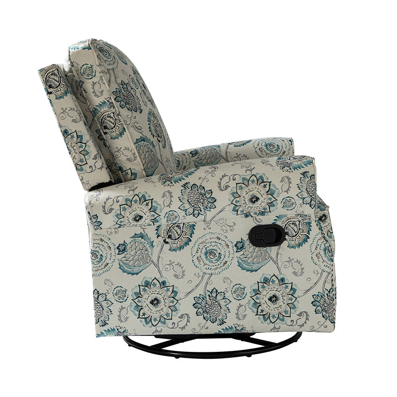 Fauteuil inclinable manuel en polyester avec pivotement à 360°, fonction bascule et repose-pieds escamotable | Beige / Jacobean / Bleu sarcelle / Bleu / Damas / Bleu marine / Médaillon | Siège unique