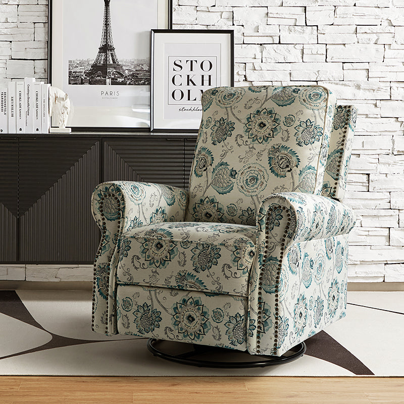 Fauteuil inclinable manuel en polyester avec pivotement à 360°, fonction bascule et repose-pieds escamotable | Beige / Jacobean / Bleu sarcelle / Bleu / Damas / Bleu marine / Médaillon | Siège unique