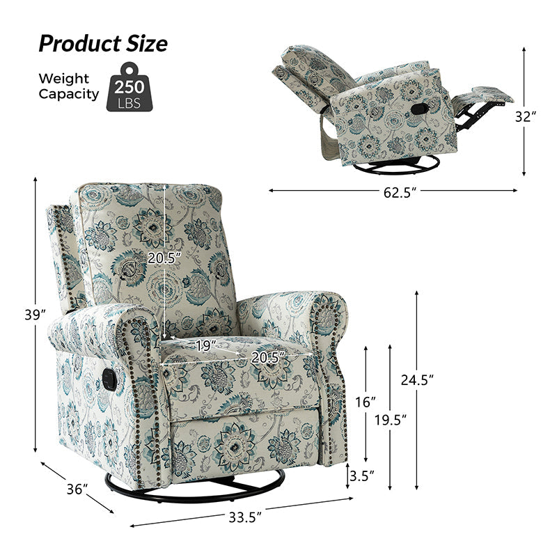 Fauteuil inclinable manuel en polyester avec pivotement à 360°, fonction bascule et repose-pieds escamotable | Beige / Jacobean / Bleu sarcelle / Bleu / Damas / Bleu marine / Médaillon | Siège unique