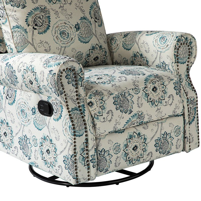 Fauteuil inclinable manuel en polyester avec pivotement à 360°, fonction bascule et repose-pieds escamotable | Beige / Jacobean / Bleu sarcelle / Bleu / Damas / Bleu marine / Médaillon | Siège unique