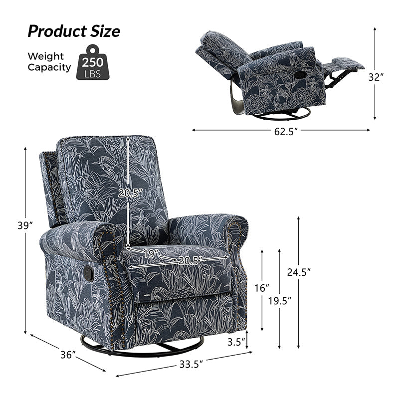 Fauteuil inclinable manuel en polyester avec pivotement à 360°, fonction bascule et repose-pieds escamotable | Beige / Jacobean / Bleu sarcelle / Bleu / Damas / Bleu marine / Médaillon | Siège unique