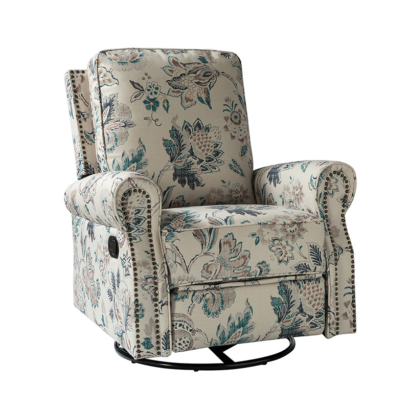 Fauteuil inclinable manuel en polyester avec pivotement à 360°, fonction bascule et repose-pieds escamotable | Beige / Jacobean / Bleu sarcelle / Bleu / Damas / Bleu marine / Médaillon | Siège unique