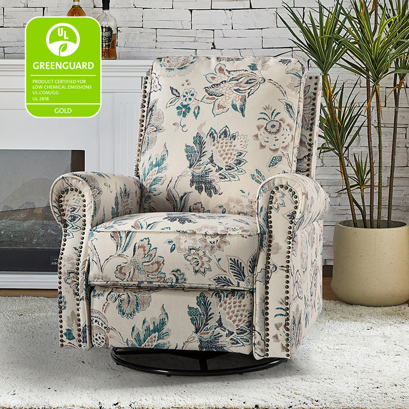 Fauteuil inclinable manuel en polyester avec pivotement à 360°, fonction bascule et repose-pieds escamotable | Beige / Jacobean / Bleu sarcelle / Bleu / Damas / Bleu marine / Médaillon | Siège unique