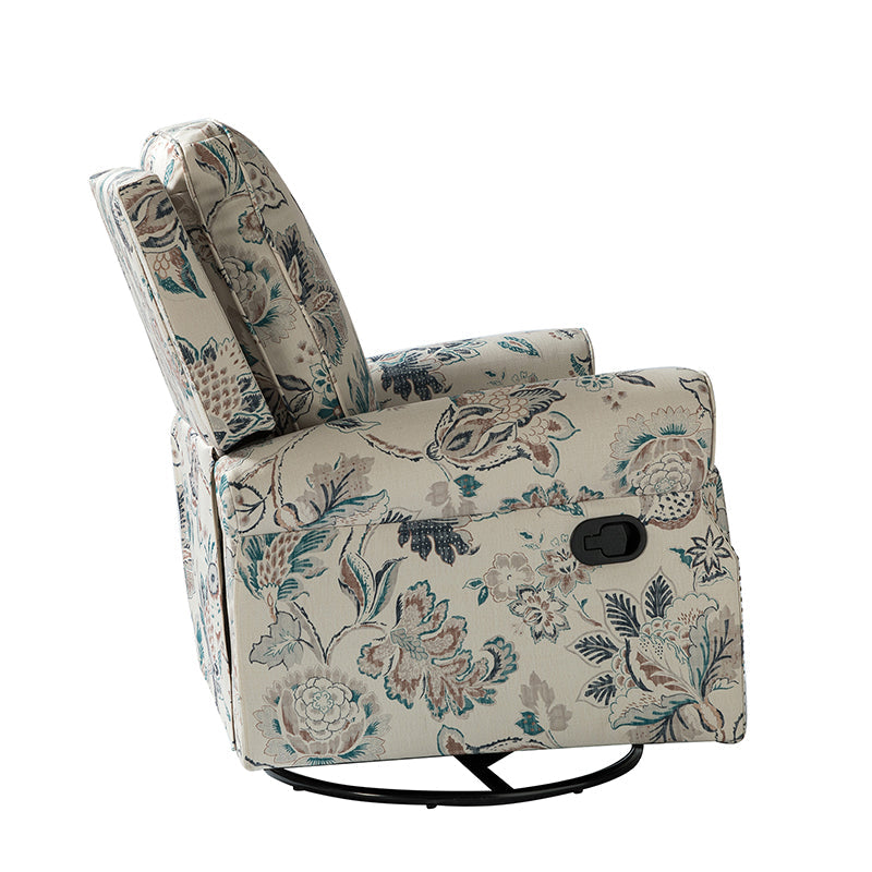 Fauteuil inclinable manuel en polyester avec pivotement à 360°, fonction bascule et repose-pieds escamotable | Beige / Jacobean / Bleu sarcelle / Bleu / Damas / Bleu marine / Médaillon | Siège unique