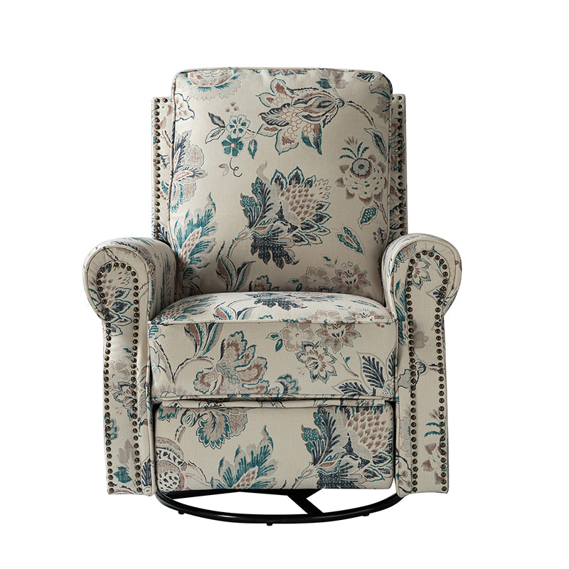 Fauteuil inclinable manuel en polyester avec pivotement à 360°, fonction bascule et repose-pieds escamotable | Beige / Jacobean / Bleu sarcelle / Bleu / Damas / Bleu marine / Médaillon | Siège unique