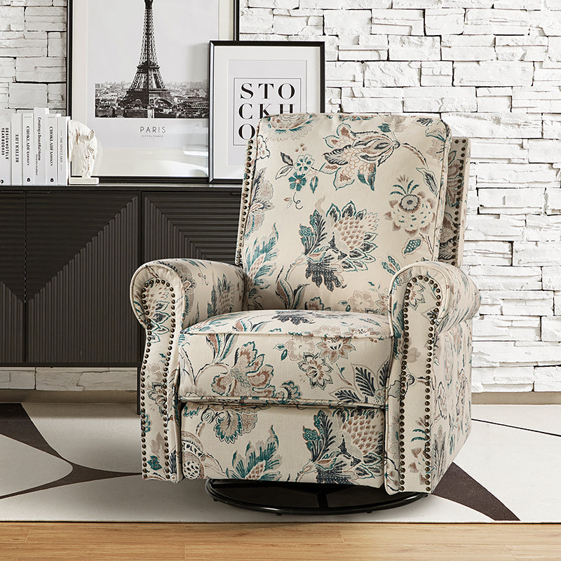 Fauteuil inclinable manuel en polyester avec pivotement à 360°, fonction bascule et repose-pieds escamotable | Beige / Jacobean / Bleu sarcelle / Bleu / Damas / Bleu marine / Médaillon | Siège unique