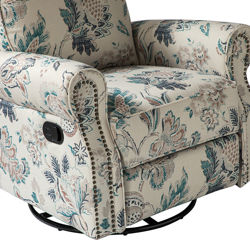 Fauteuil inclinable manuel en polyester avec pivotement à 360°, fonction bascule et repose-pieds escamotable | Beige / Jacobean / Bleu sarcelle / Bleu / Damas / Bleu marine / Médaillon | Siège unique