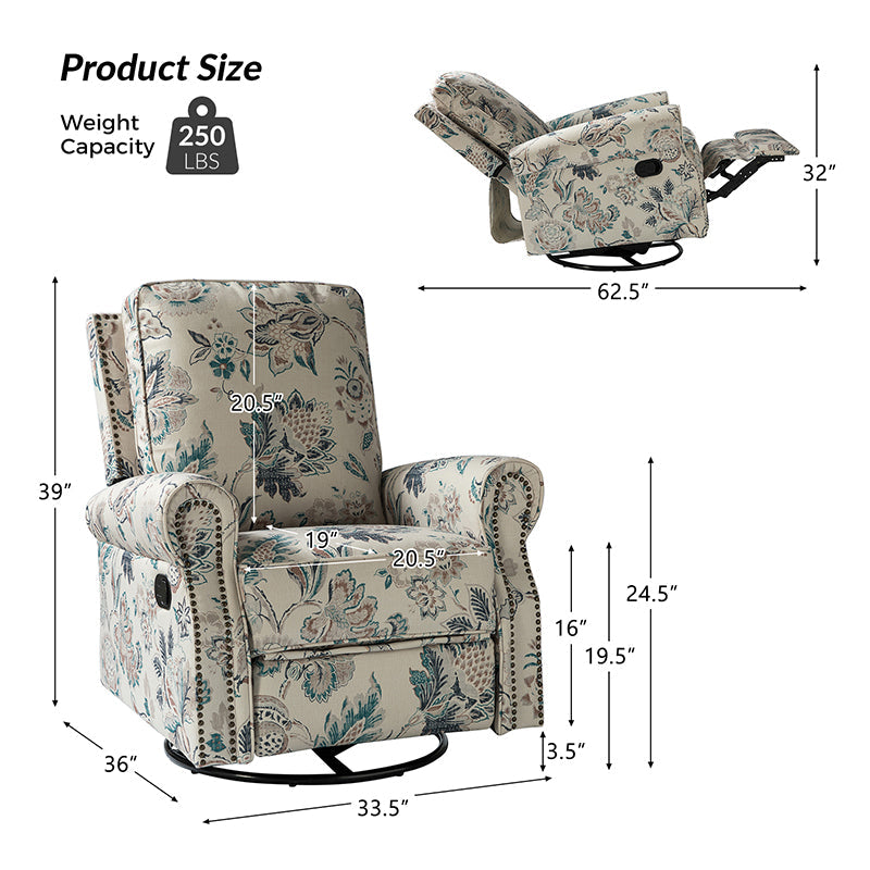 Fauteuil inclinable manuel en polyester avec pivotement à 360°, fonction bascule et repose-pieds escamotable | Beige / Jacobean / Bleu sarcelle / Bleu / Damas / Bleu marine / Médaillon | Siège unique