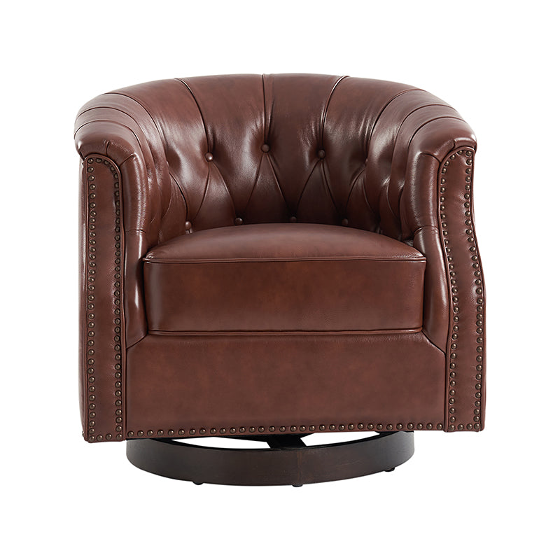 Fauteuil pivotant et à bascule en cuir véritable avec capitonnage et clous décoratifs, pieds en noyer | Marron / Blanc / Camel | Siège unique