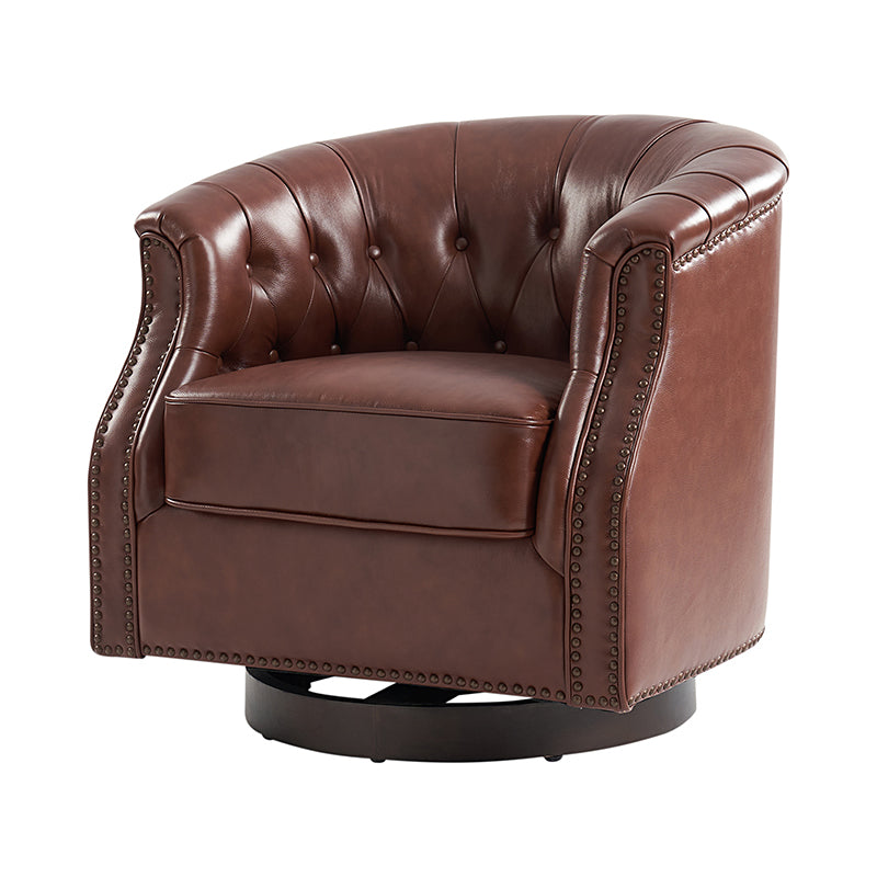 Fauteuil pivotant et à bascule en cuir véritable avec capitonnage et clous décoratifs, pieds en noyer | Marron / Blanc / Camel | Siège unique