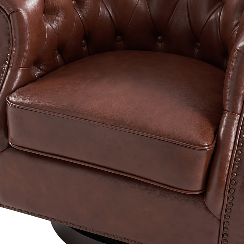 Fauteuil pivotant et à bascule en cuir véritable avec capitonnage et clous décoratifs, pieds en noyer | Marron / Blanc / Camel | Siège unique