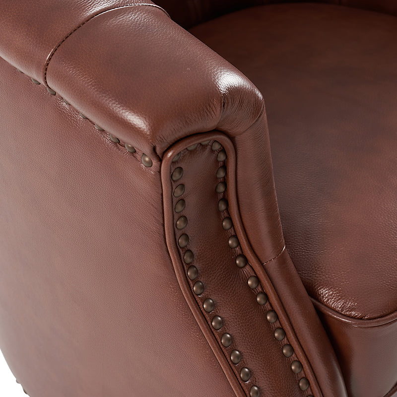 Fauteuil pivotant et à bascule en cuir véritable avec capitonnage et clous décoratifs, pieds en noyer | Marron / Blanc / Camel | Siège unique