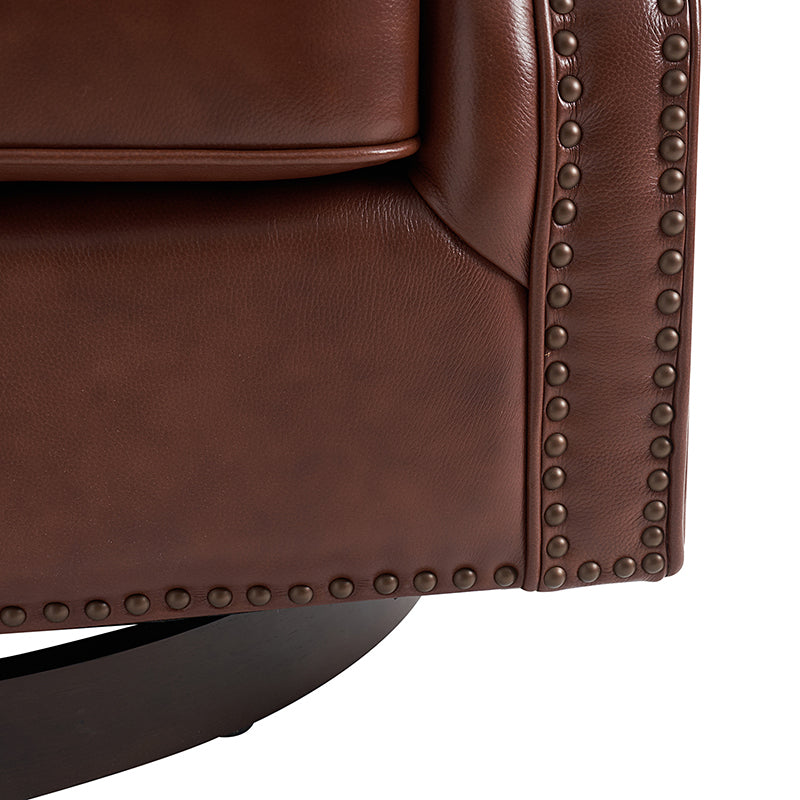 Fauteuil pivotant et à bascule en cuir véritable avec capitonnage et clous décoratifs, pieds en noyer | Marron / Blanc / Camel | Siège unique