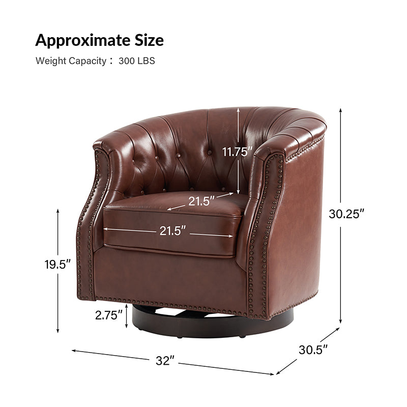 Fauteuil pivotant et à bascule en cuir véritable avec capitonnage et clous décoratifs, pieds en noyer | Marron / Blanc / Camel | Siège unique