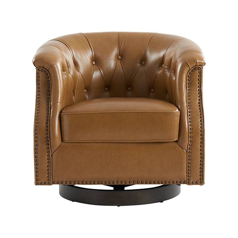 Fauteuil pivotant et à bascule en cuir véritable avec capitonnage et clous décoratifs, pieds en noyer | Marron / Blanc / Camel | Siège unique