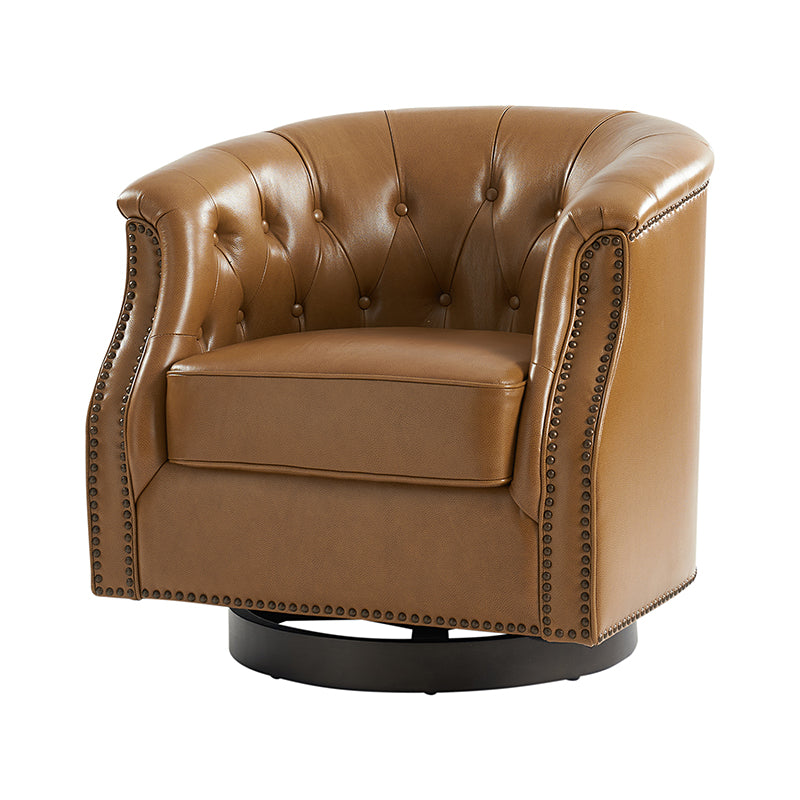 Fauteuil pivotant et à bascule en cuir véritable avec capitonnage et clous décoratifs, pieds en noyer | Marron / Blanc / Camel | Siège unique