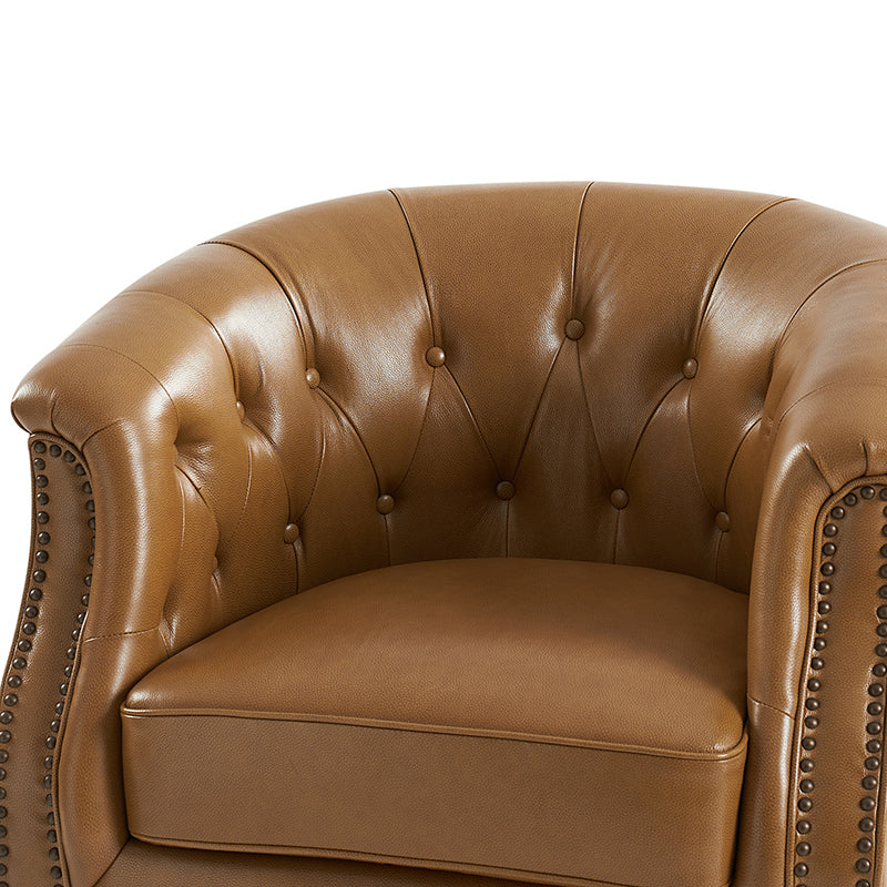 Fauteuil pivotant et à bascule en cuir véritable avec capitonnage et clous décoratifs, pieds en noyer | Marron / Blanc / Camel | Siège unique