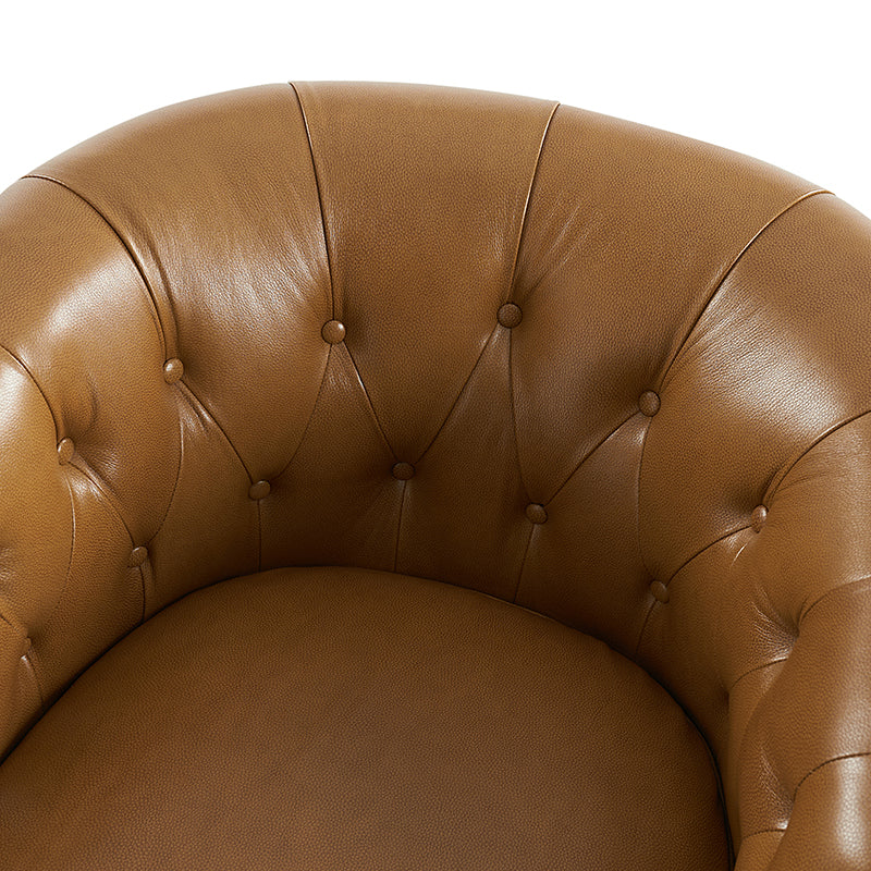 Fauteuil pivotant et à bascule en cuir véritable avec capitonnage et clous décoratifs, pieds en noyer | Marron / Blanc / Camel | Siège unique
