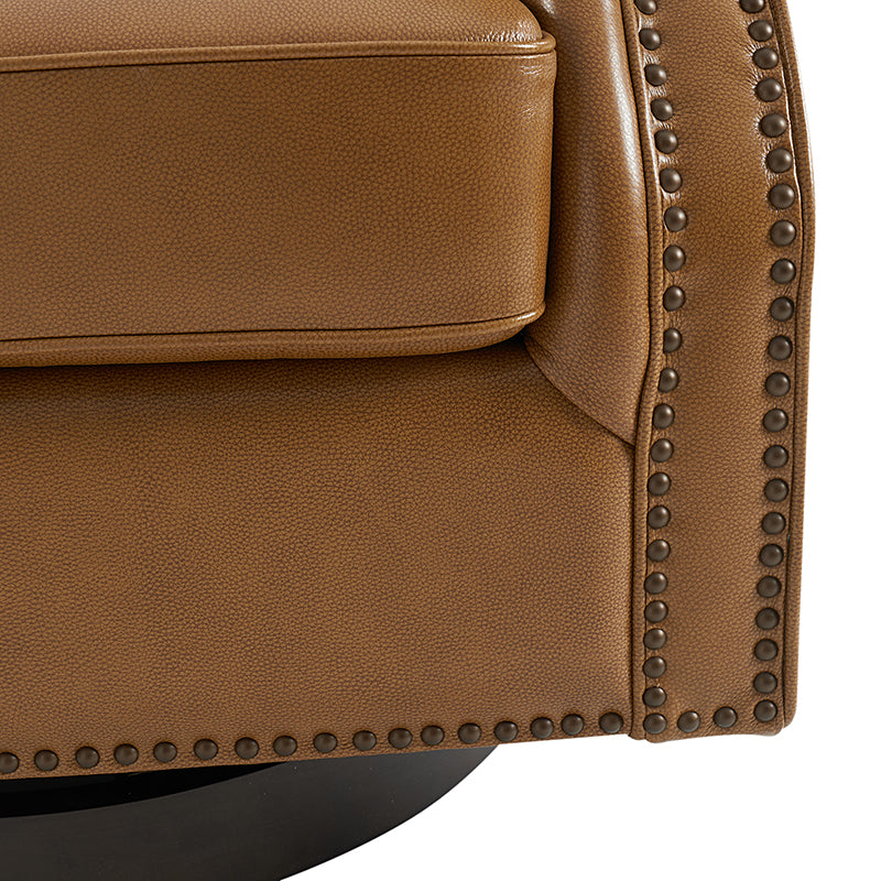 Fauteuil pivotant et à bascule en cuir véritable avec capitonnage et clous décoratifs, pieds en noyer | Marron / Blanc / Camel | Siège unique