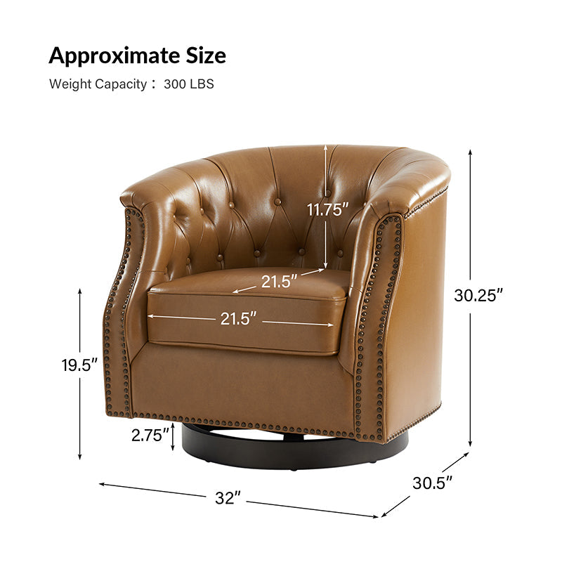 Fauteuil pivotant et à bascule en cuir véritable avec capitonnage et clous décoratifs, pieds en noyer | Marron / Blanc / Camel | Siège unique