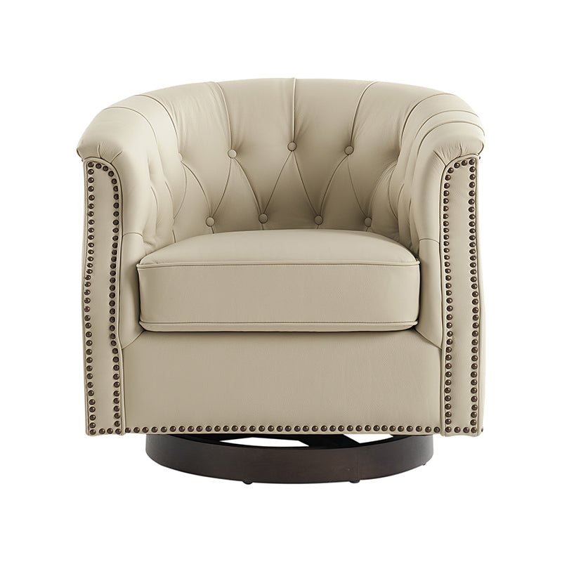 Fauteuil pivotant et à bascule en cuir véritable avec capitonnage et clous décoratifs, pieds en noyer | Marron / Blanc / Camel | Siège unique