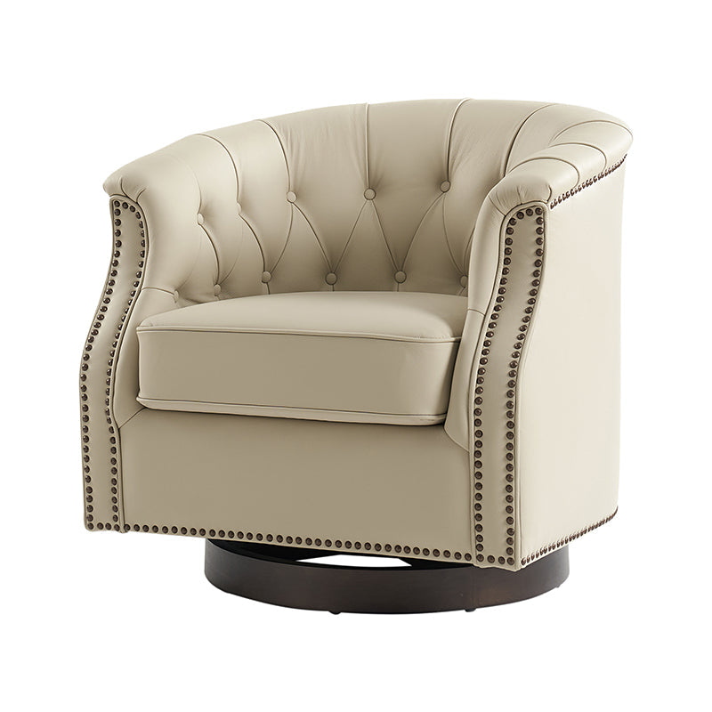 Fauteuil pivotant et à bascule en cuir véritable avec capitonnage et clous décoratifs, pieds en noyer | Marron / Blanc / Camel | Siège unique
