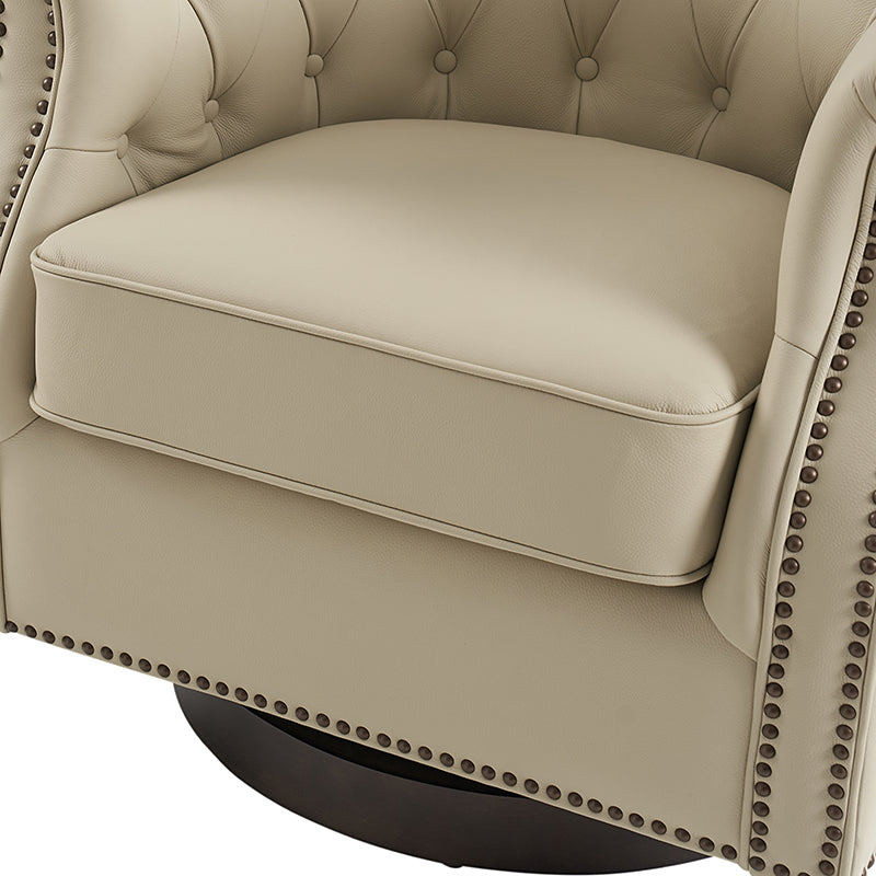 Fauteuil pivotant et à bascule en cuir véritable avec capitonnage et clous décoratifs, pieds en noyer | Marron / Blanc / Camel | Siège unique