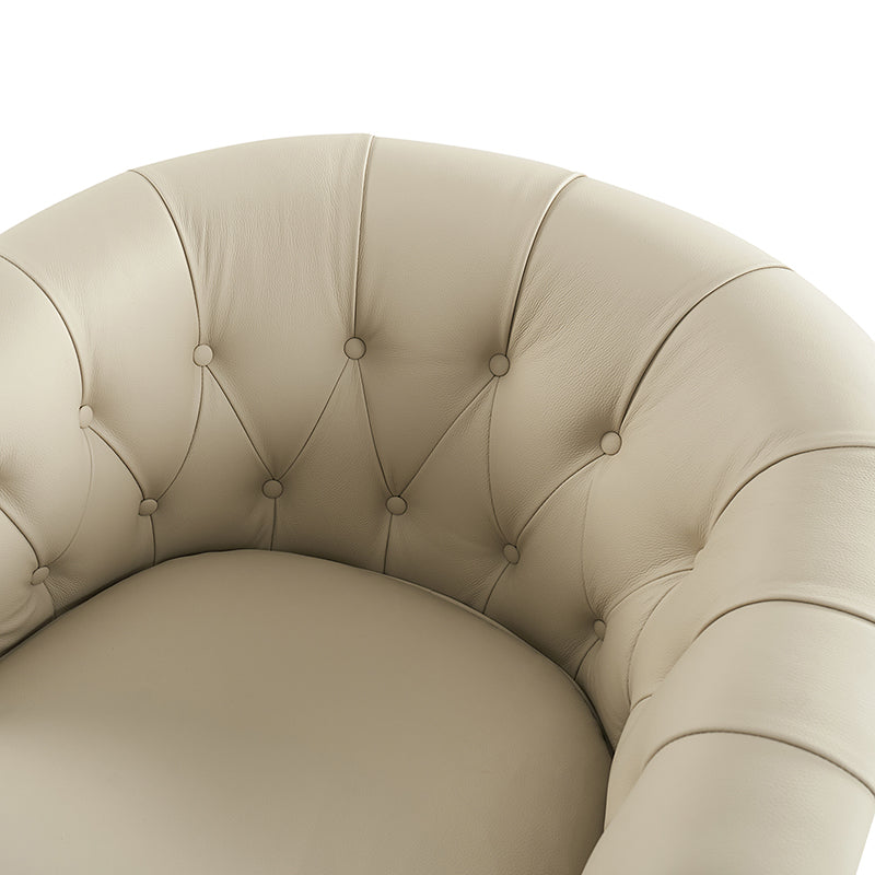 Fauteuil pivotant et à bascule en cuir véritable avec capitonnage et clous décoratifs, pieds en noyer | Marron / Blanc / Camel | Siège unique