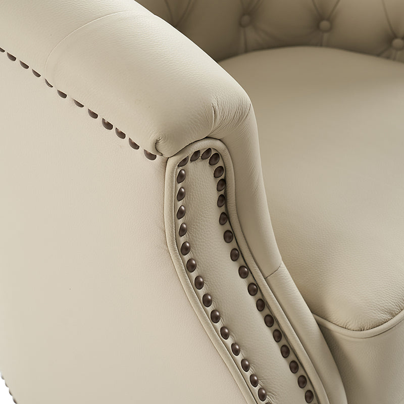 Fauteuil pivotant et à bascule en cuir véritable avec capitonnage et clous décoratifs, pieds en noyer | Marron / Blanc / Camel | Siège unique
