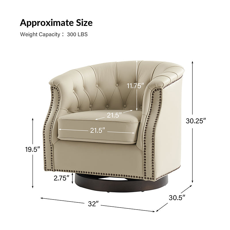 Fauteuil pivotant et à bascule en cuir véritable avec capitonnage et clous décoratifs, pieds en noyer | Marron / Blanc / Camel | Siège unique