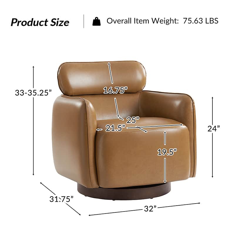 Fauteuil pivotant en cuir véritable avec appuie-tête et accoudoirs réglables | Blanc / Camel | Une place
