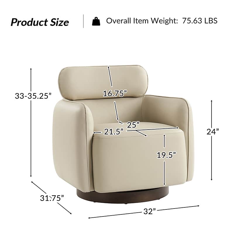 Fauteuil pivotant en cuir véritable avec appuie-tête et accoudoirs réglables | Blanc / Camel | Une place