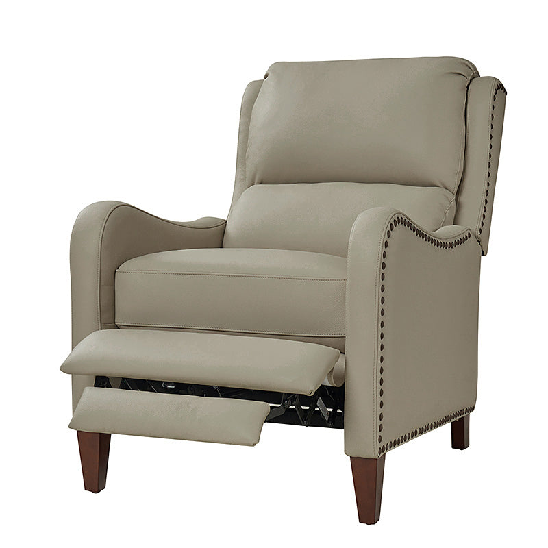 Fauteuil inclinable en cuir véritable avec dossier haut, garniture cloutée, inclinaison par poussée et pieds en bois de bouleau | Camel / Bleu marine / Noir / Marron / Jaune / Brique / Olive / Beige | Monoplace